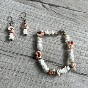 Peach white beach shell bracelet and earring set